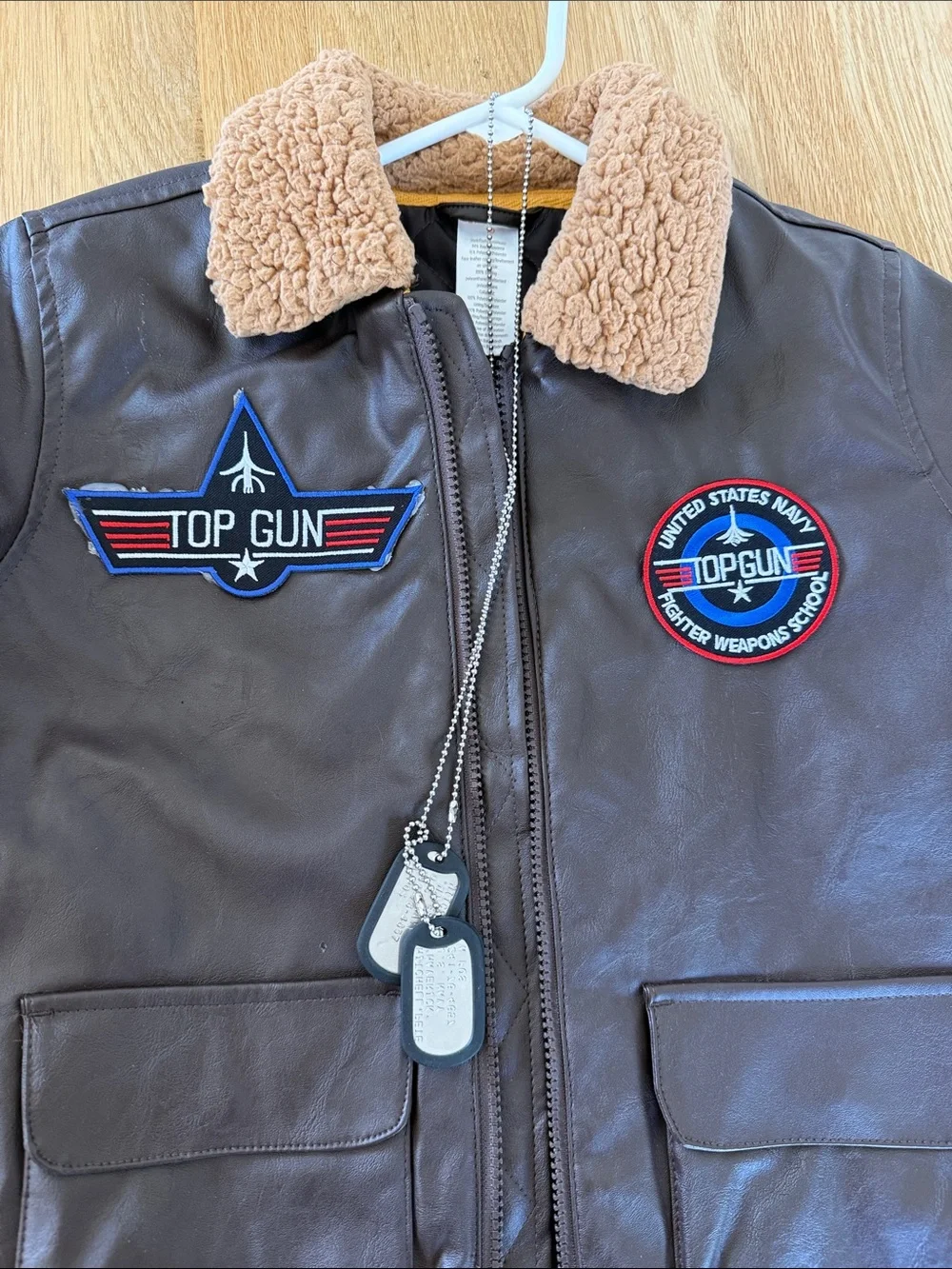 Top Gun-Inspired Brown Faux Leather Kids Jacket w/ Dog Tags